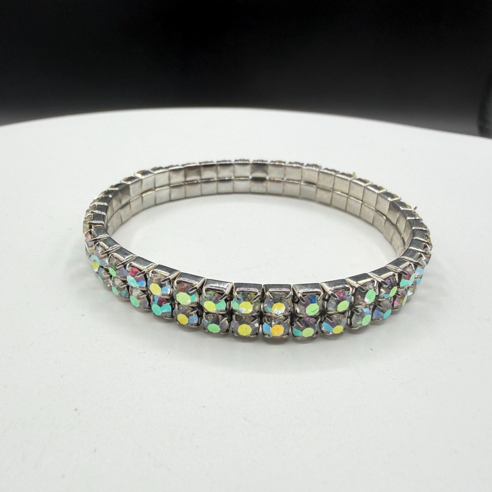 Double Row Aurora Borealis Rhinestone Stretch Bracelet Silver Tone Wide Jewelry